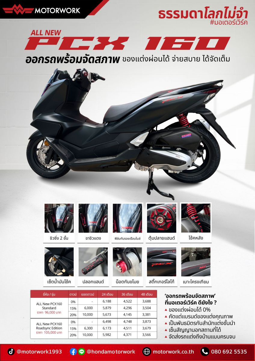 Motorwork PCX160 ออกรถพร้อมจัดสภาพ ตารางผ่อนและรายการของแต่ง