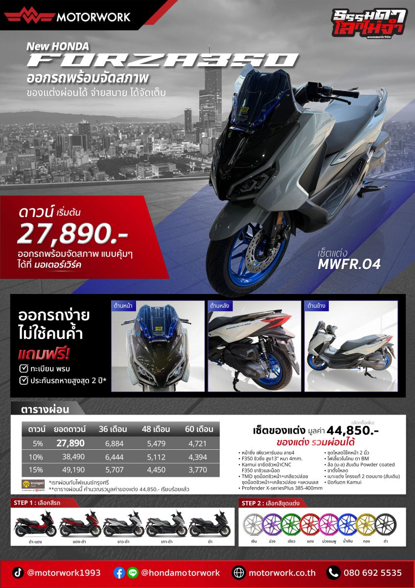 ตารางผ่อน FORZA 350 ออกรถพร้อมจัดสภาพ เซ็ตแต่ง MWFR.04 ที่มอเตอร์เวิร์ค